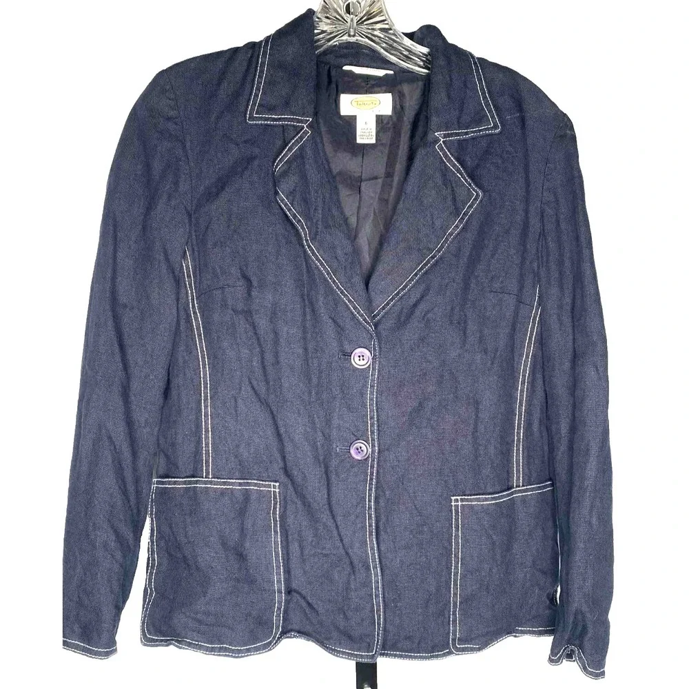 Talbots Jacket Women's Size 6 Navy Blue Irish Linen Blazer pockets lagenlook